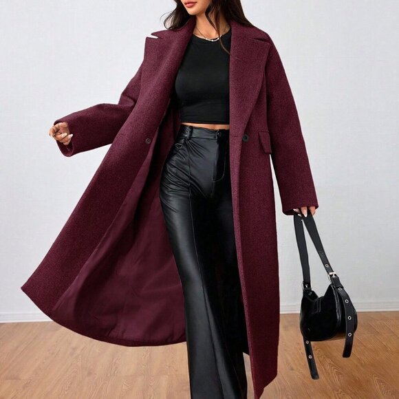 Burgundy Casual Women's Lapel Long Coat - Picture 5 of 6